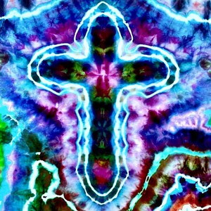 May include: A colourful tie-dye design with a glowing, white-outlined cross at the centre. The background is a swirling mix of blues, purples, greens, and reds, creating a psychedelic effect. The artwork has a spiritual or artistic theme.