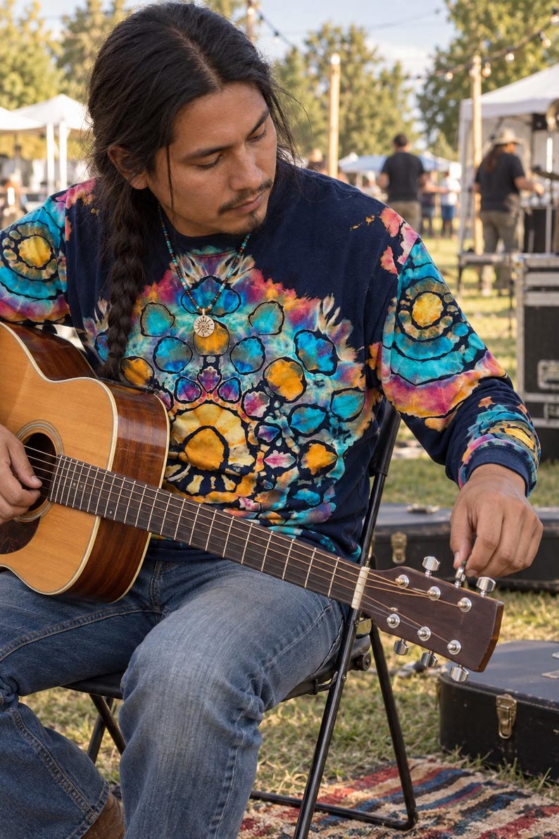 May include: A long-sleeve shirt featuring a dark navy base with a vibrant tie-dye pattern in shades of yellow, orange, pink, and turquoise. The design includes circular motifs across the chest and sleeves, paired with blue denim jeans.