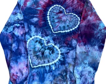 Heart Tie Dye Long Sleeve Shirt, Handmade Blue Purple Double Heart, Medium