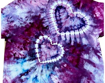 Hand-Dyed Double Heart Tie-Dye Shirt, Purple Pink Wearable Art, Adult 3XL