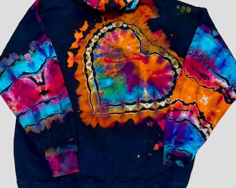 Reverse Dye Heart Hoodie, Handmade Colorful Tie Dye Sweatshirt, Exact Large Wearable Art
