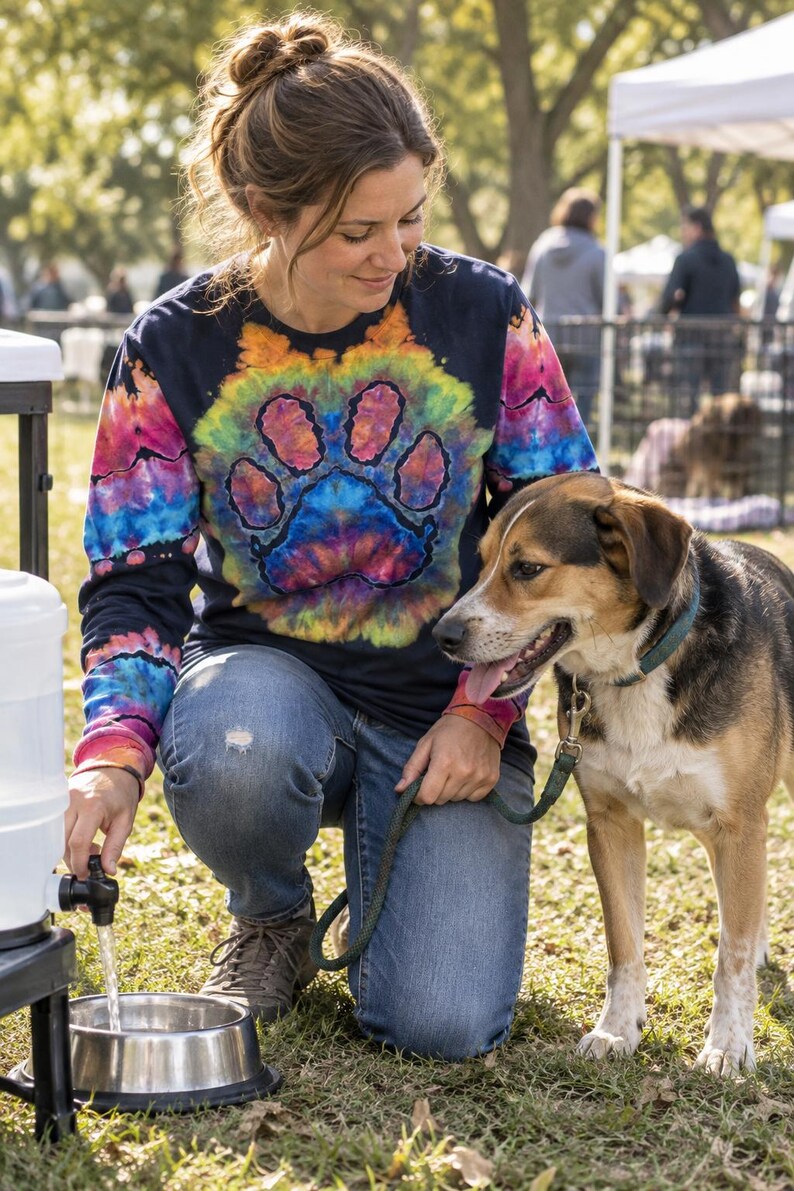 May include: A long-sleeve shirt featuring a dark navy base with a vibrant, multi-colored tie-dye pattern. The center of the shirt displays a large, bold paw print graphic in shades of yellow, orange, pink, and blue against the dark fabric.