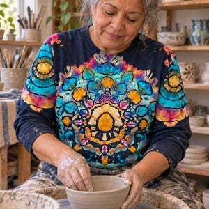 May include: A long-sleeve shirt featuring a dark navy base with a vibrant, multi-colored tie-dye mandala pattern in shades of bright yellow, orange, pink, and turquoise, centered on the chest and extending across the shoulders and sleeves.