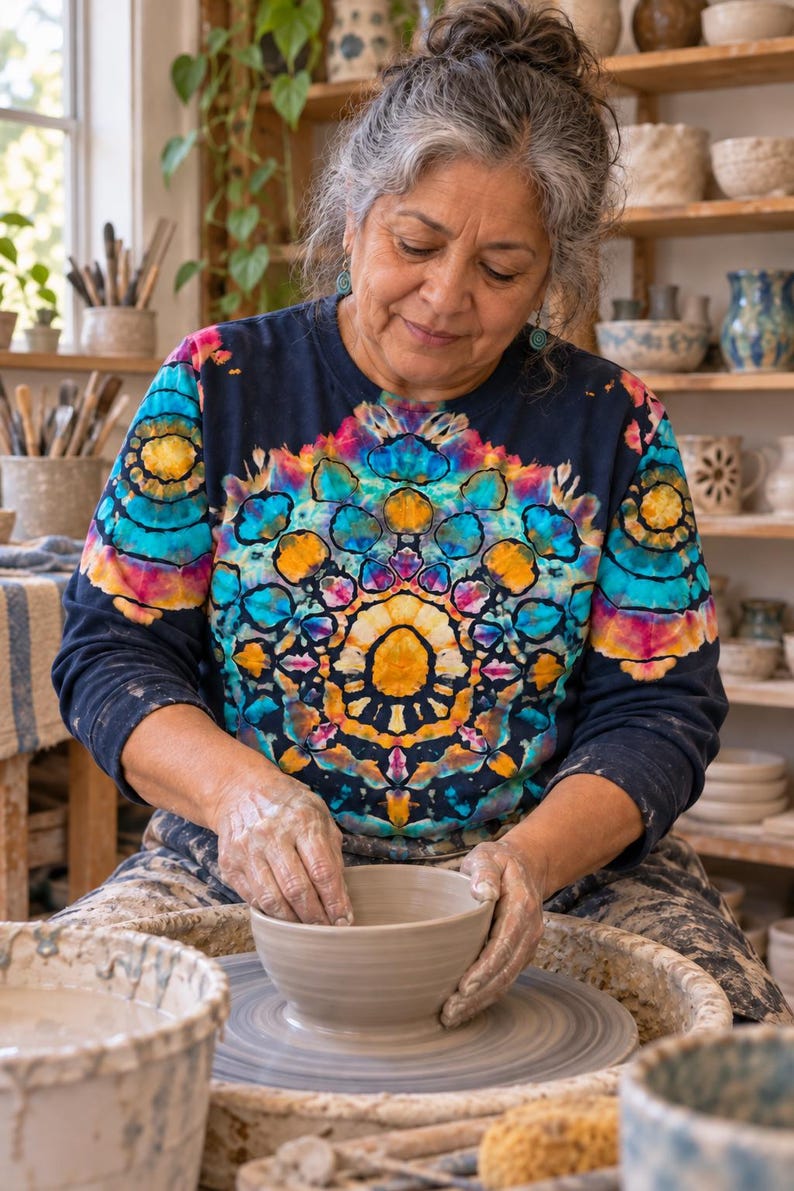 May include: A long-sleeve shirt featuring a dark navy base with a vibrant, multi-colored tie-dye mandala pattern in shades of bright yellow, orange, pink, and turquoise, centered on the chest and extending across the shoulders and sleeves.