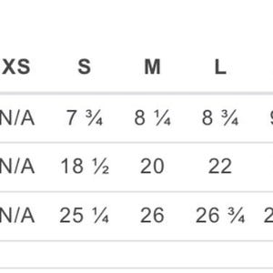 May include: A table of measurements in inches for clothing sizes XS to 3XL. The table shows sleeve length, body width, and body length measurements for each size, with values ranging from 19.69 cm to 73.66 cm.