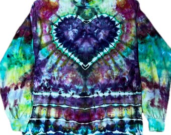 Heart Tie Dye Long Sleeve Shirt, Handmade Purple Teal Gildan Ultra Cotton -Large