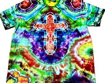 Cross & Heart Tie Dye Tee, One of a Kind Christian Ice Dye, XL Bella Canvas