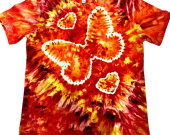Handmade Tie Dye Butterfly Heart Shirt, Fiery Red Orange Yellow, Bella Canvas Large