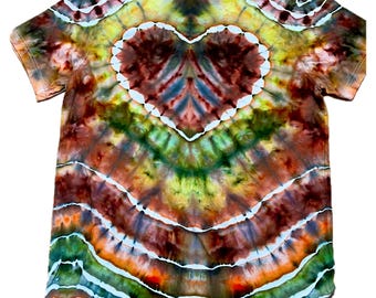 Heart Tie-Dye Shirt, Gold Olive Hand-Dyed Bella+Canvas Tee, One-of-a-Kind Wearable Art, Large