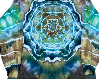 Handmade Mandala Tie Dye Long Sleeve Shirt, Blue Green Gildan XL