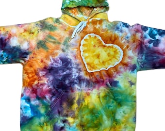 Colorful Heart Tie Dye Hoodie, Handmade Ice Dye Sweatshirt, Exact Medium Wearable Art