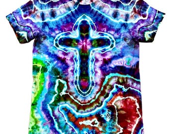 Hand-Tied Cross Ice Dye Shirt, Colorful Boho Faith Tee, Heart Back Detail