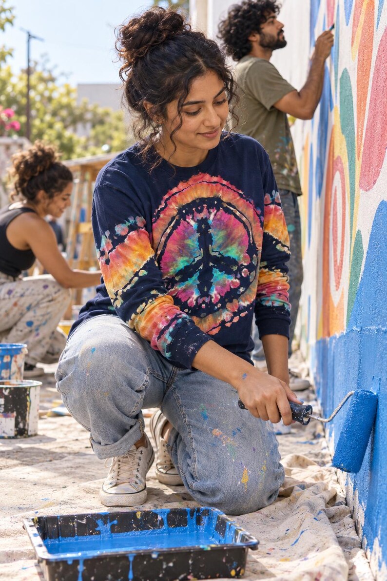 May include: A long-sleeve navy blue shirt featuring a vibrant, multi-colored tie-dye peace sign graphic on the front. The shirt has a crew neckline and is worn with light-wash denim jeans, showcasing a casual style for artistic activities.