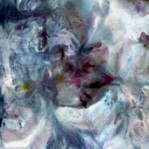 May include: Abstract artwork with a blend of colors including blues, purples, and whites. The painting has a textured appearance, with visible brushstrokes and a dynamic composition. The artwork evokes a sense of depth and movement, with areas of light and shadow.