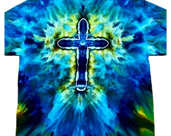 Hand-Dyed Cross T-Shirt, Blue Teal Green Ice-Dyed Tee (XL)