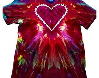 Heart Tie-Dye Shirt, Magenta Orange Hand-Dyed Bella+Canvas Tee, One-of-a-Kind Wearable Art, Large