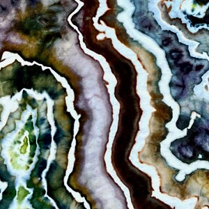 May include: A textile surface featuring a tie-dye pattern with organic, flowing bands of color. The design consists of deep brown, dark green, and muted purple hues separated by crisp, white, wavy lines that mimic the appearance of natural agate.