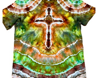 Christian Cross Tie-Dye Shirt, Green Rust Hand-Dyed Cotton Tee, One-of-a-Kind Wearable Art, XL
