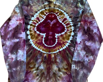 Mushroom Tie Dye Long Sleeve Shirt, Handmade Burgundy Gold Gildan Ultra Cotton - Medium