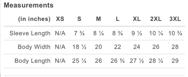 May include: A table of measurements in inches for clothing sizes XS to 3XL. The table shows sleeve length, body width, and body length measurements for each size, with values ranging from 7 3/4 inches to 29 inches.