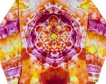 Handmade Mandala Tie Dye Long Sleeve Shirt, Orange Pink Gildan Medium