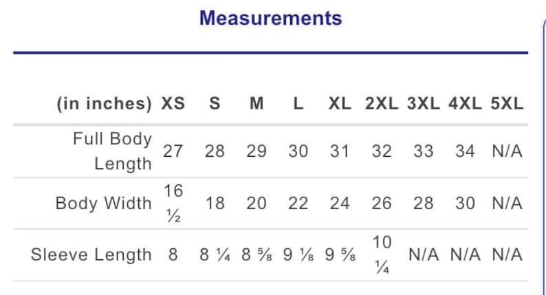 Może przedstawiać: Tabela rozmiar&oacute;w odzieży w calach, rozmiary XS do 5XL. Zawiera długość całkowitą ciała (27-34 cali), szerokość ciała (16,5-30 cali) i długość rękawa (8-10,25 cali).