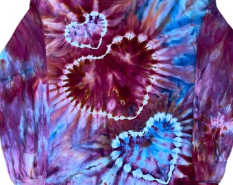 Heart Tie Dye Long Sleeve Shirt, Handmade Mauve Blue Triple Heart, Large