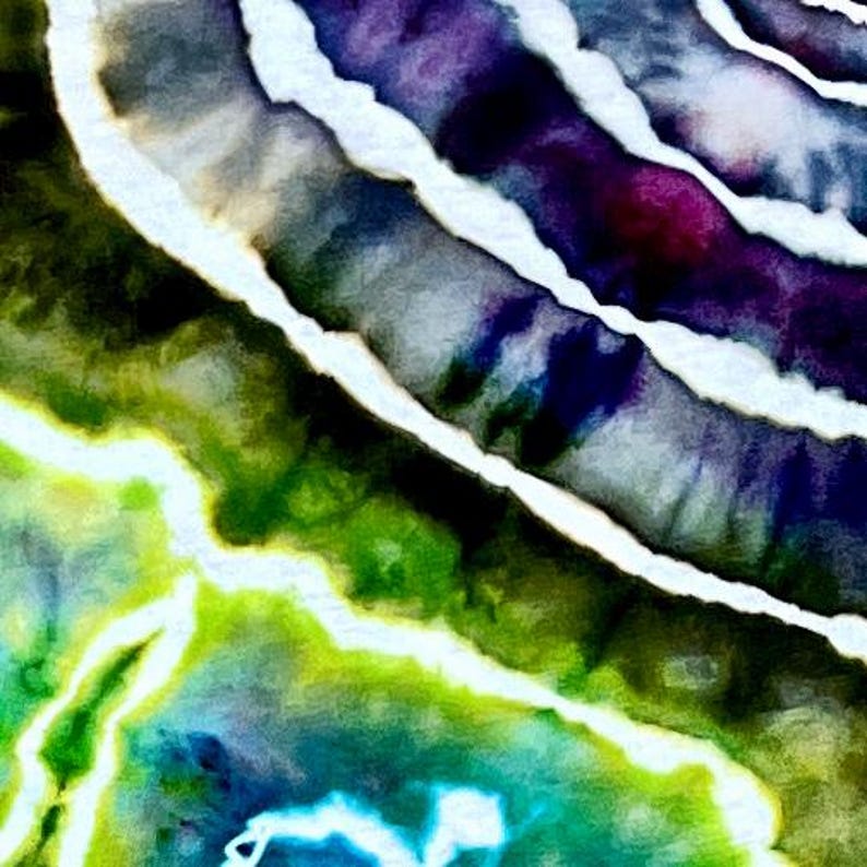 May include: An abstract textile pattern featuring fluid, organic bands of color. The design displays deep purple, dark blue, and vibrant lime green hues separated by irregular, wavy white lines that create a layered, rippled visual effect.