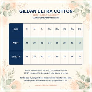 May include: A Gildan Ultra Cotton G2000 adult classic fit size chart in inches. The table displays width and length measurements for sizes S through 5XL. Width is measured across the chest, and length is measured from the shoulder to the hem.