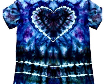 Heart Tie-Dye Shirt, Blue Black Hand-Dyed Bella+Canvas Tee, One-of-a-Kind Wearable Art, Large