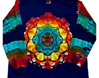 Navy Blue Reverse Dye - Mandala - Long-Sleeve Shirt - Colorful XL Wearable Art