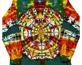 Green Mandala Reverse-Dye Long-Sleeve Shirt, Hand-Dyed Large Wearable Art