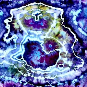 May include: Abstract tie-dye design in shades of blue, purple, and white. The pattern features concentric circles and irregular shapes, creating a psychedelic effect. The colors blend and swirl, giving a sense of depth and movement. The overall effect is vibrant and artistic.