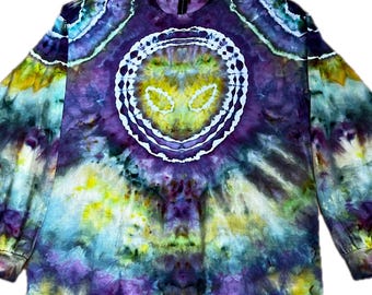 Alien Tie Dye Long Sleeve Shirt, Handmade Purple Yellow Gildan XL