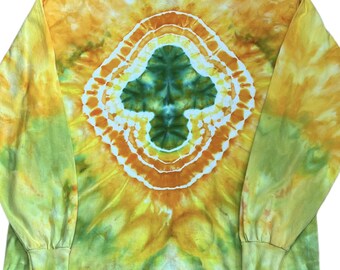 Mushroom Tie Dye Long Sleeve Shirt, Handmade Yellow Green Gildan Large