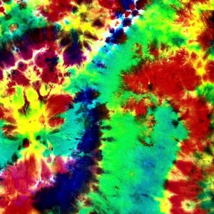 May include: Abstract tie-dye pattern in a vibrant mix of colors. The design features splashes of red, yellow, green, and blue, creating a psychedelic effect. The colors blend and bleed into each other, forming a unique, artistic design.