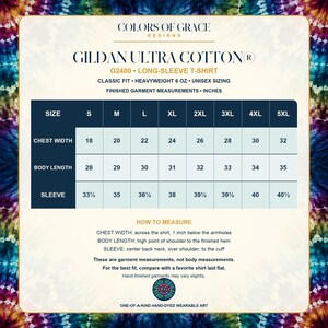 May include: A size chart for a Gildan Ultra Cotton G2400 long-sleeve t-shirt by Colors of Grace Designs. The chart lists chest width, body length, and sleeve measurements in inches for sizes S through 5XL, with instructions on how to measure.