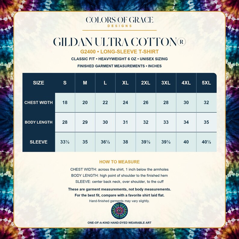 May include: A size chart for a Gildan Ultra Cotton G2400 long-sleeve t-shirt by Colors of Grace Designs. The chart lists chest width, body length, and sleeve measurements in inches for sizes S through 5XL, with instructions on how to measure.