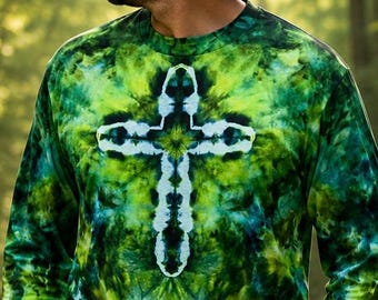 Cross on Front and Back | Ice Dye Long-Sleeve T-Shirt  |  One of a Kind | Handmade
