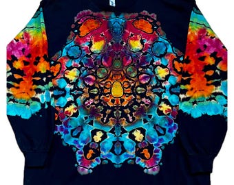 Black Mandala Reverse-Dye Long-Sleeve Shirt, Colorful XL Wearable Art