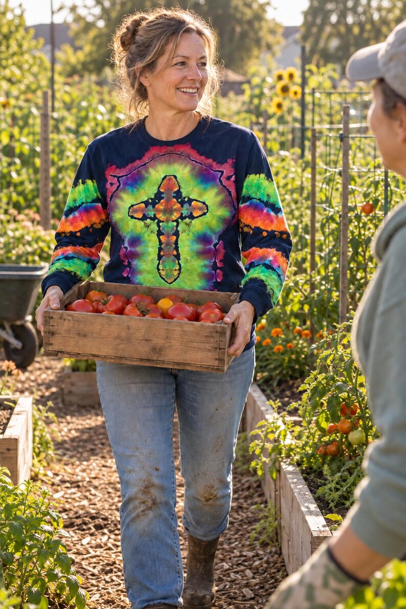 May include: A long-sleeved navy blue shirt featuring a vibrant tie-dye cross pattern in shades of red, orange, yellow, green, and purple, paired with light blue denim jeans. The shirt has a crew neckline and ribbed cuffs on the sleeves.