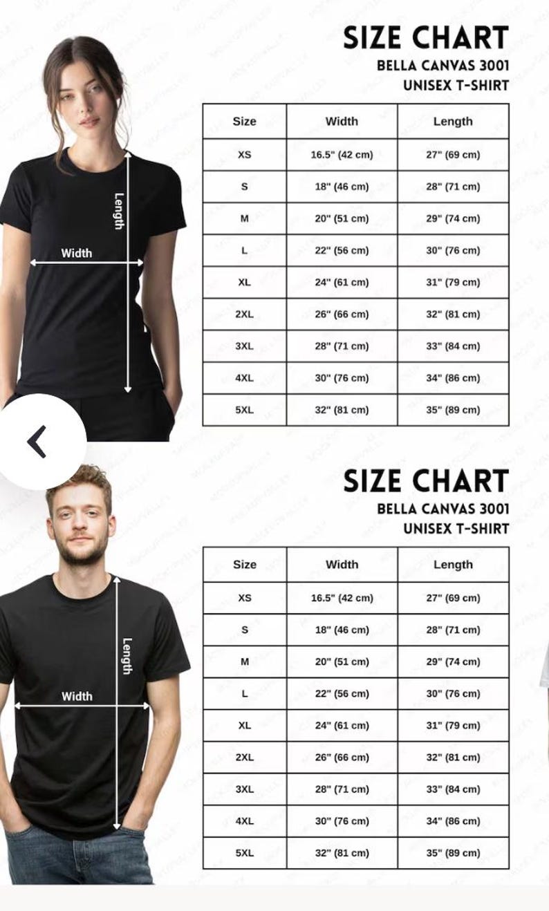May include: A Bella Canvas 3001 unisex t-shirt size chart featuring two individuals wearing black t-shirts with white arrows indicating width and length measurements. The table lists sizes from XS to 5XL with corresponding dimensions in inches.