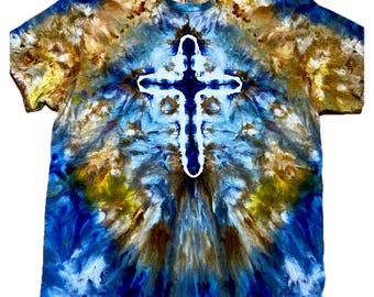 Hand-Dyed Cross T-Shirt, Blue Gold Ice-Dye Faith Tee (XL)
