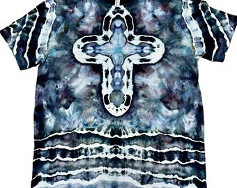 Handmade Cross Tie Dye Shirt, Blue Purple Ice Dye Faith Tee