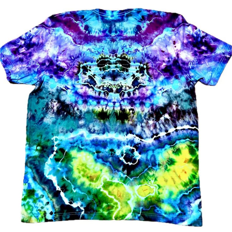 Op de afbeelding: Een T-shirt met korte mouwen en een levendig tie-dye patroon. Het shirt heeft een mix van kleuren, waaronder blauw, paars, groen en geel, wat een uniek en artistiek ontwerp cre&euml;ert. Het tie-dye effect is prominent over het hele kledingstuk.