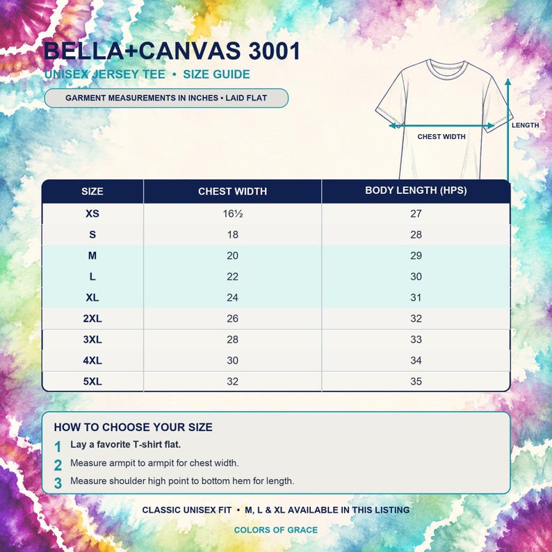 Może przedstawiać: Tabela rozmiar&oacute;w koszulki unisex Bella+Canvas 3001 na tle tie-dye. Tabela przedstawia szerokość klatki piersiowej i długość ciała w calach dla rozmiar&oacute;w od XS do 5XL, wraz z rysunkiem liniowym koszulki ze strzałkami wskazującymi wymiary.