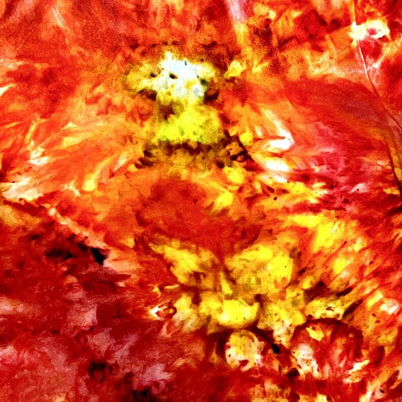 May include: Abstract artwork in a fiery colour palette. The image features a blend of red, orange, and yellow hues, creating a dynamic and energetic composition. The texture appears to be a mix of brushstrokes and blended colours, giving it a painterly feel.