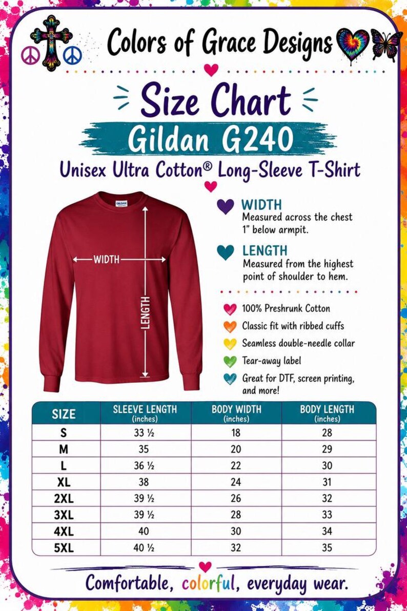 May include: A size chart for a Gildan G240 long-sleeve t-shirt featuring a red shirt illustration with width and length indicators. The chart lists sleeve length, body width, and body length in inches for sizes S through 5XL, with text details.