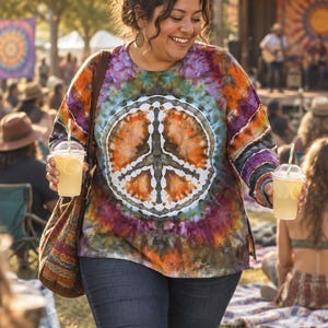 May include: A long-sleeve crew neck shirt featuring a tie-dye pattern in shades of orange, purple, green, and white, with a large central peace sign graphic. The shirt is paired with dark blue jeans and a patterned shoulder bag.