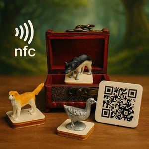 Könnte beinhalten: Eine Sammlung von Miniatur-Tierfiguren, darunter ein Hund, ein Wolf und eine Ente, wird mit einer kleinen roten Truhe und einem QR-Code präsentiert. Das Bild zeigt auch die Buchstaben "nfc" und ein Funksymbol.